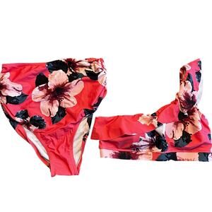 NWT SeaFancy 2-piece swim suit size M bikini pink floral ruffle one shoulder top
